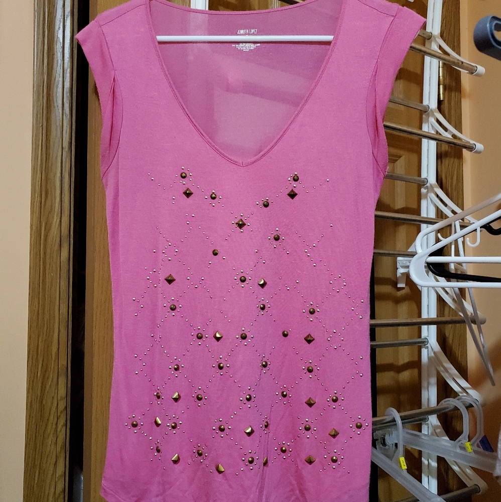Womens pink sleeveless top with gold accents
